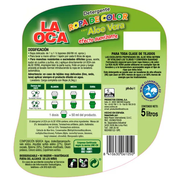 Detergente líquido LA OCA Ropa Color con Aloe botella 5 L 100 dosis