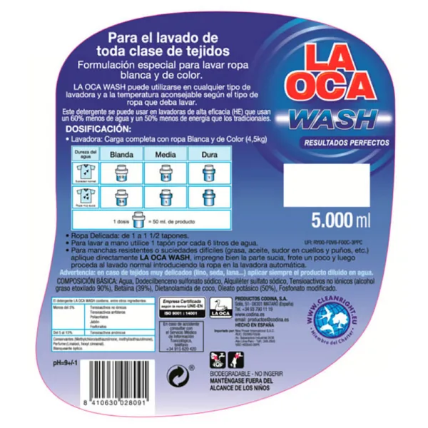 Detergente líquido LA OCA WASH botella 5 L